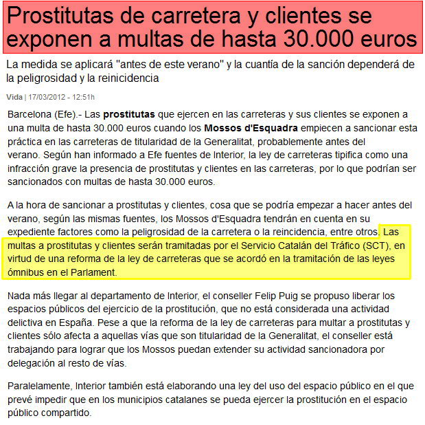 Noticia publicada en la edici�n digital del diario 'La Vanguardia' sobre las sanciones de hasta 30.000 euros que los Mossos podr�n imponer a las prostitutas de carreteras y a sus clientes (17 Marzo 2012)